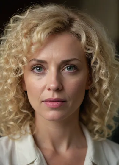 ultrarealistic, 8K HD, detailed woman 50-years old, (curly blond hair:1.4), close-up on her face