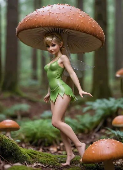 ((fairy Tinkerbell mushroomdances on the stem of a mushroom)), It is significantly smaller than the mushroom, in The woods, forest, full body shot, MASTURBATING, WITH, HALF, side, VIEW, <lora:Masturbating with Pole:1.7>