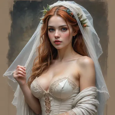 woman, Fashion sketch, fashion concept art of a, ((high-quality drawing with colored pencils)), natural busty ghost bride with a veil, full portrait, pinup style, intricate details, (((high quality sketch details Jean Baptiste Monge))), Carne Griffiths, Michael Garmash