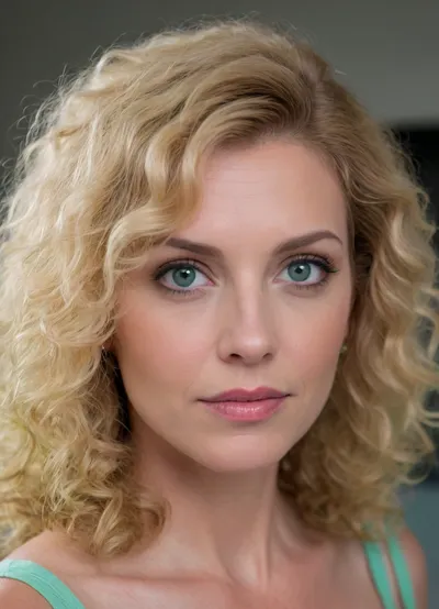 ultrarealistic, 8K HD, detailed woman 50-years old, (highly curly blond hair:1.4), close-up on her face, detailed face, detailed hair, thin eyebrows, light pink lipstick, (green eyes:1.5), detailed eyes, thin face, thin nose, eye bags, 3/4 view