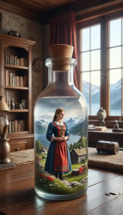 (one woman inside a bottle), desk, Traditional norway dress, <lora:ais-bttl-sdxl:2>