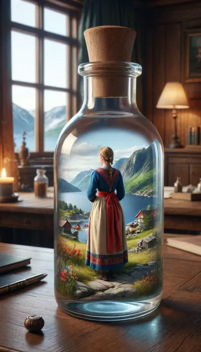 (one woman inside a bottle), desk, Traditional norway dress, <lora:ais-bttl-sdxl:2>