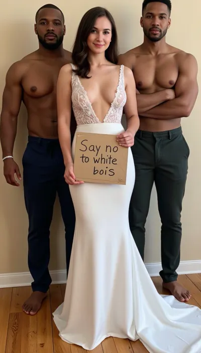A young bride with super sultry extra deep v neck sheer wedding dress. poses with two giant super sexy super muscular black skin african male wedding guests of different age, diferent faces, different suitcolors. The bride holds a handmade sign with text "Say no to white bois"., <lora:BustyWomen-v3:.8>