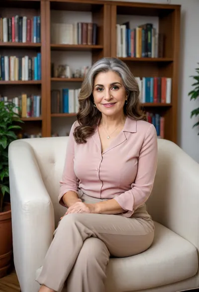 A busty, attractive Armenian psychologist, mature, 60 years old, gilf, dressed professionally in a modest yet elegant blouse and tailored pants that accentuate her curves. She is seated in a comfortable, well-lit office, adorned with cultural artifacts and soothing pastel colors that reflect her Armenian heritage. Her office is equipped with a large, mahogany desk, a plush chair for patients, and a cozy sofa where she sits, with a warm smile on her face and her arms raised gracefully above her ample chest. Behind her, diplomas and certificates from prestigious institutions line the walls, establishing her expertise and qualifications. She has a pen in hand, ready to jot down notes, and her attentive gaze is focused on the camera, offering a sense of empathy and understanding to the viewer. The room is filled with an aura of calmness and intellectualism, with bookshelves packed with psychology texts and journals, and a small potted plant adding a touch of nature to the environment. The psychologist's hair is styled in loose waves that frame her glowing complexion, and she wears minimal makeup, allowing her natural beauty to shine through. The composition is carefully balanced, with her figure as the central focus, conveying both her professionalism and approachability in a way that is respectful and captivating