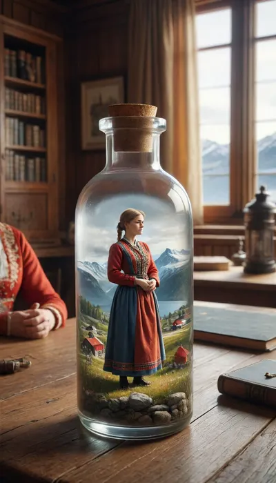 (one woman inside a bottle), desk, Traditional norway dress, <lora:ais-bttl-sdxl:2>