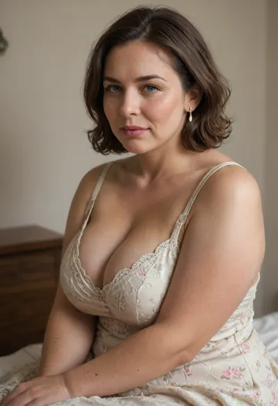 3/4 side view, (mature:1.5), Full figured obese 60 year old mature woman, sits in the passenger seat of a modern luxury SUV. She is wearing a low cut sundress. The seatbelt goes across her chest separating her cleavage. Her breasts are large, natural, and soft. She is a Slavic gilf. She facing the viewer, eye contact. She has beautiful, captivating blue eyes, brunette with Carmel color highlights, medium hair. She has a seductive gaze. Her face is round and chubby, she has full, plump lips, and a big sexy mouth, sexy lipstick, flirting, thick, expressive eyebrows, detailed eyes, detailed skin, ultra realistic, photorealistic, detailed, seatbelt between her breasts, cleavage, white floral dress, wrinkles, wrinkled skin