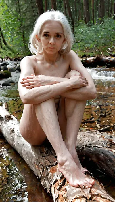 The image is of an elderly woman sitting on a log in a forest. She is naked, with her legs crossed and her hands resting on her knees. The woman has white hair and is looking directly at the camera with a serious expression on her face. The background is filled with trees and foliage, and there is a small stream of water flowing from the log into the water below. The overall mood of the image is sensual and intimate.
