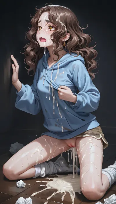 anime style, woman, brown hair, wavy hair, dot nose, closed mouth, wavy mouth, pale skin, oversized hoodie, blue hoodie, baggy sleeves, stained shorts, baggy socks, a lot of dirt, white socks, pussy, dark room, body, learning forward, face up, hip down, wariza, sweating, thick eyelashes, perfect eyes, best detailed hair, detailed body, detailed eyes, cum on body, cum on thigh, detailed face, vaginal sex, faceless man, saliva trail, deep penetration in pussy, one breast exposed, cum on face, excessive cum on body, excessive cum overflowing from pussy, played body, used tissue and used condom on floor, grab arm, open mouth wide, from side view
