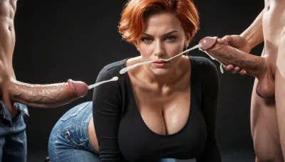 close-up, macro photo, medium view, black room, black background, 40 y/o gorgeous milf, on all fours, (milf:1.2), best quality, afterglow, 4k, ((masterpiece)), extremely detailed, 8k, Intricate, High Detail, Sharp focus, curvy, ((perfect eyes)), (beautiful face, perfect eyes:1.2), (busty and curvy1.1), (busty hourglass body), (thick:1.2), (thick thighs), (huge breasts:1), (wide_hips), collarbone, (black tunic top, jeans), serious, (short red hair, classic pixie haircut, straight hair, brown eyes), fit white man with huge dick, buttjob, (ejaculation:1.5), surrounded by dicks, masturbating, 3+men.