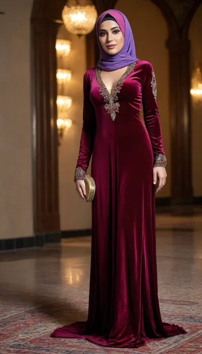 35-year-old beautiful Muslim woman in a tight-fitting colourful velvet abaya, the clothed velvet abaya is slightly see-through, in a colourful hijab, sexy body, perfect breasts, fitness figure, woman, in, abaya, 4K HD visual, Realistic, r, mar00nv3lv3t, long, sleeves, dress, standing, full, body, maroon, velvet, see-through