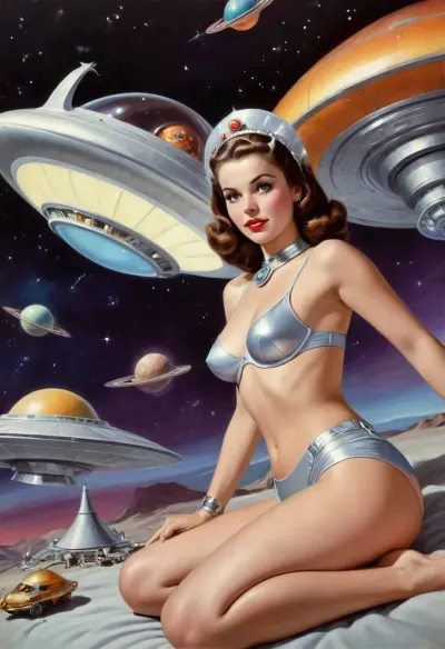 Old pulp scifi poster, (SPACE PRINCESS GIRL), solo, Chrome High Couture Lingerie and wearing a glowing tiara, (big cameltoe), looks at the viewer, erotic pose, lying down, spread legs, retro-futuristic, Saturn, at background starships fighting a flying saucer, <lora:EnvyPulpScifiXL:1>
