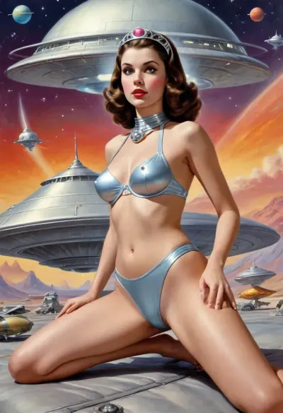 Old pulp scifi poster, (SPACE PRINCESS GIRL), solo, Chrome High Couture Lingerie and wearing a glowing tiara, (big cameltoe), looks at the viewer, erotic pose, lying down, spread legs, retro-futuristic, Saturn, at background starships fighting a flying saucer, <lora:EnvyPulpScifiXL:1>