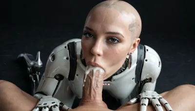 masterpiece, sexy robot doll, android, sexbot, bald robot cyberpunk, shiny chrome parts, cybernetic body, dark eyes, vacant look, medium view, seductive, on all fours, front view, fit white man with huge 18 inch monsterdick, blowjob, extreme deep throat, cumshot in her mouth, cum dripping from penis, black room, black background, Allisfulloflove1024, ., <lora:Allisfulloflove1024:1.4>