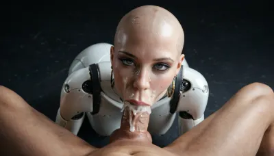 masterpiece, sexy robot doll, android, sexbot, bald robot cyberpunk, shiny chrome parts, cybernetic body, dark eyes, vacant look, medium view, seductive, on all fours, front view, fit white man with huge 18 inch monsterdick, blowjob, extreme deep throat, cumshot in the mouth, excesssive cum dripping from penis, excessivew cum on face, black room, black background, Allisfulloflove1024, ., <lora:Allisfulloflove1024:1.4>
