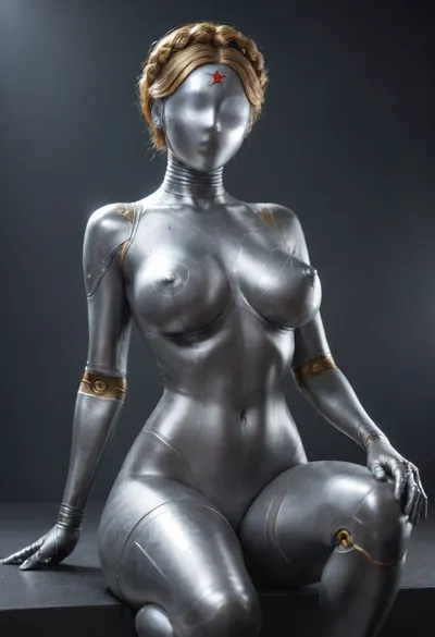 masterpiece, (steel twin from atomic heart, steel skin, steel face, robot body:1.3), (steel full face mask:1.3), steel skin, naked, tall slender, slim, giant breasts, mini waist, massive hip, hourglass figure, on one knee, one knee raised, simple cyan background, (reiq:.6), <lora:attractive_notrigger:1.8>, <lora:M05_Intensify:.8>