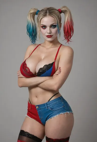 (Super slutty Harley Quinn:1.3), perfect hourglass body, super detailed Huge round breasts, wearing a sexy outfit with booty shorts and stockings, cleavage, g string, lace bra edge, ((CROSSED ARMS))
