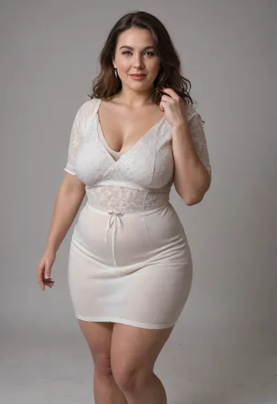 A hyperrealistic, full-body portrait of a, obese, (mature:1.3), bbw woman, approximately 58-60 years old, with an olive skin tone and a beautiful, smooth complexion. Her ethnicity is Macedonian or Serbian. She has a full-figured, overweight body with thick thighs and big round hips. She has big, full, plump big lips and a beautiful, engaging smile. Her captivating light eyes draw you in, and her expression is alluring and suggestive. On her left-hand ring finger, she wears a diamond wedding ring. She is dressed in a very tight, thin white jersey dress that drapes over and accentuates her curves, paired with very high-waist, white panty with visible pantylines. The overall mood is one of subtle flirtation and confidence, with a hint of longing in her eyes. The portrait is captured with cinematic lighting, ultra-detailed, 8k resolution, and photorealistic quality. Her face, hair color, and light eye color are to match the likeness of the woman in the provided reference photo as closely as possible. She has a plump pelvis, very plump waist. Long hair