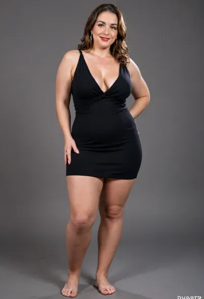 Side view, A hyperrealistic, full-body portrait of a, obese, very fat, chubby, (mature:1.3), bbw woman, approximately 58-60 years old, with an olive skin tone and a beautiful, smooth complexion. Her ethnicity is Macedonian or Serbian. She has a full-figured, overweight body with thick thighs and big round hips. She has big, full, plump big lips and a beautiful, engaging smile. Her captivating light eyes draw you in, and her expression is alluring and suggestive. On her left-hand ring finger, she wears a diamond wedding ring. She is dressed in a sleeveless, very tight, thin light black jersey dress that drapes over and accentuates her curves, plunging neckline. The overall mood is one of subtle flirtation and confidence, with a hint of longing in her eyes. The portrait is captured with cinematic lighting, ultra-detailed, 8k resolution, and photorealistic quality. Her face, hair color has caramel highlights with silver or gray streaks. She has a plump pelvis, very plump waist. Long Thick hair, she has captivating green eyes, massive hips and thick thighs, short dress, <lora:842447_training_data:.8>