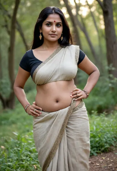 Large Indian woman with large breasts, dressed in a sari, one breast visible, dark brown mature skin, wrinkles, Indian woman standing in nature and waving at me, her extremely wide hips visible under the sari, perfect mature face, perfect shot, perfect lighting, one breast exposed, shiny black waist-length hair, she has shifted her pelvis to the side and put her hand on her hip.