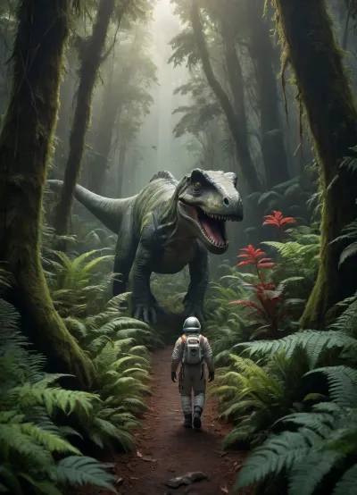 Primeval landscape, rainforest, ferns, scattered dinosaurs, astronaut hiding