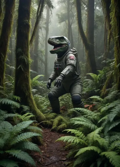 Primeval landscape, rainforest, ferns, scattered dinosaurs, astronaut hiding