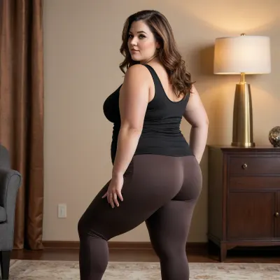 A dramatic, indoor photograph of a SSBBW, obese, fat, mature woman in a dynamic pose, leaning forward from the waist. She is looking back over her shoulder towards the camera. She has lush, brunette with caramel highlights, straight hair. She is dressed in a light, form-fitting tank top and, solid-colored light black leggings. She has visible panty lines showing on her leggings. The lighting is low and warm, casting soft shadows. The background features warm, earth-toned elements, including a large lamp base and a dark, upholstered piece of furniture, creating a cozy, intimate atmosphere. The composition emphasizes her back, shoulders, big wide hips, and the curve of her body. She has a large round bottom