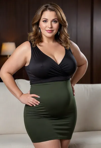 A hyperrealistic, full-body portrait of a, obese, very fat, chubby, (mature:1.3), bbw woman, approximately 58-60 years old, with an olive skin tone and a beautiful, smooth complexion. Her ethnicity is Macedonian or Serbian. She has a full-figured, overweight body with thick thighs and big round hips. She has big, full, plump big lips and a beautiful, engaging smile. Her captivating light eyes draw you in, and her expression is alluring and suggestive. On her left-hand ring finger, she wears a diamond wedding ring. She is dressed in a sleeveless, very tight, thin light black jersey dress that drapes over and accentuates her curves, plunging neckline. The overall mood is one of subtle flirtation and confidence, with a hint of longing in her eyes. The portrait is captured with cinematic lighting, ultra-detailed, 8k resolution, and photorealistic quality. Her face, hair color has caramel highlights with silver or gray streaks. She has a plump pelvis, very plump waist. Long Thick hair, she has captivating green eyes, massive hips and thick thighs, short dress