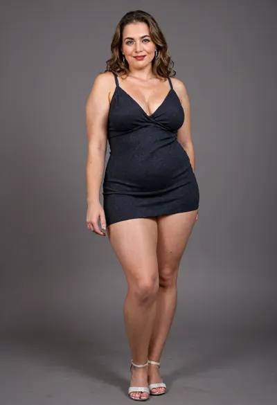 Side view, A hyperrealistic, full-body portrait of a, obese, very fat, chubby, (mature:1.3), bbw woman, approximately 58-60 years old, with an olive skin tone and a beautiful, smooth complexion. Her ethnicity is Macedonian or Serbian. She has a full-figured, overweight body with thick thighs and big round hips. She has big, full, plump big lips and a beautiful, engaging smile. Her captivating light eyes draw you in, and her expression is alluring and suggestive. On her left-hand ring finger, she wears a diamond wedding ring. She is dressed in a sleeveless, very tight, thin light black jersey dress that drapes over and accentuates her curves, plunging neckline. The overall mood is one of subtle flirtation and confidence, with a hint of longing in her eyes. The portrait is captured with cinematic lighting, ultra-detailed, 8k resolution, and photorealistic quality. Her face, hair color has caramel highlights with silver or gray streaks. She has a plump pelvis, very plump waist. Long Thick hair, she has captivating green eyes, massive hips and thick thighs, short dress, <lora:BBW_Model_V2:.8>