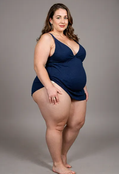 Side view, A hyperrealistic, full-body portrait of a, (obese:1.5), very fat, chubby, (mature:1.3), bbw woman, approximately 58-60 years old, with an olive skin tone and a beautiful, smooth complexion. Her ethnicity is Macedonian or Serbian. She has a full-figured, overweight body with thick thighs and big round hips. She has big, full, plump big lips and a beautiful, engaging smile. Her captivating light eyes draw you in, and her expression is alluring and suggestive. On her left-hand ring finger, she wears a diamond wedding ring. She is dressed in a sleeveless, very tight, thin light black jersey dress that drapes over and accentuates her curves, plunging neckline. The overall mood is one of subtle flirtation and confidence, with a hint of longing in her eyes. The portrait is captured with cinematic lighting, ultra-detailed, 8k resolution, and photorealistic quality. Her face, hair color has caramel highlights with silver or gray streaks. She has a plump pelvis, very plump waist. Long Thick hair, she has captivating green eyes, massive hips and thick thighs, short dress