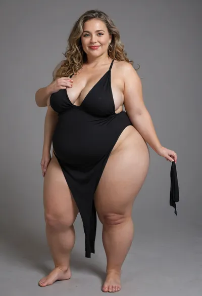 Side view from behind, A hyperrealistic, full-body portrait of a, (obese:1.5), very fat, chubby, (mature:1.3), bbw woman, approximately 58-60 years old, with an olive skin tone and a beautiful, smooth complexion. Her ethnicity is Macedonian or Serbian. She has a full-figured, overweight body with thick thighs and big round hips. She has big, full, plump big lips and a beautiful, engaging smile. Her captivating light eyes draw you in, and her expression is alluring and suggestive. On her left-hand ring finger, she wears a diamond wedding ring. She is dressed in a sleeveless, very tight, thin light black jersey dress that drapes over and accentuates her curves, plunging neckline. The overall mood is one of subtle flirtation and confidence, with a hint of longing in her eyes. The portrait is captured with cinematic lighting, ultra-detailed, 8k resolution, and photorealistic quality. Her face, hair color has caramel highlights with silver or gray streaks. She has a plump pelvis, very plump waist. Long Thick hair, she has captivating green eyes, massive hips and thick thighs, short dress
