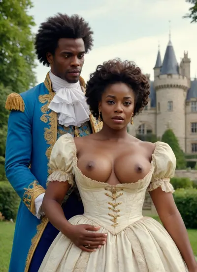 A black mature woman, ((proud woman)), from the Rococo period wears a dress that exposes her huge breasts, her breasts are visible, her nipples are visible, in the castle park in front of a young white man who has taken out his penis and is sucking on her nipples.