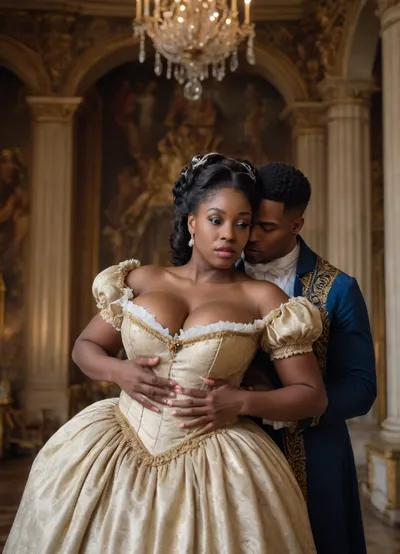a black woman in the rococo period wearing a dress with her huge tits exposed, tits out, nipples showing in a castle in front of a young white man with his cock out sucking her nipples