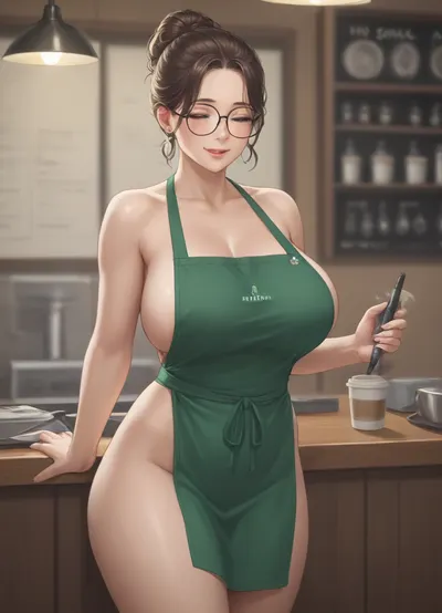 Thick, fit, 35 year old milf, brown hair tied in a messy bun, wearing nothing but a green apron, huge natural breasts, apron pulled tight around her slim waist, thick thighs, wearing oval glasses, working at a coffee shop, nearly naked, no clothes under apron, smiling with her eyes closed