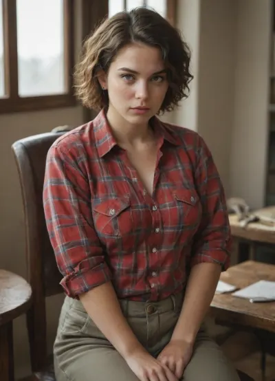 The young woman is wearing a plaid shirt with the sleeves rolled up on her forearms.Grey military trousers.Tied to a chair.He looks at me with hatred, a very evil look. Big boobs.Short red hair, very wet.Chubby's body.
