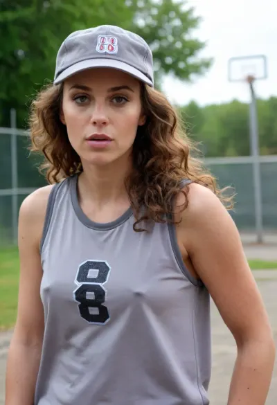 (masterpiece, best quality:1.2), 1 czech 40yo woman, famous singer Olga Lounova, (she wears a baggy oversized grey sleveless basketball shirt with big number " 8 ":1.4), outdoors in a motodrom, (longest curly brunette hair:1.2), she wears no bra, grey eyes, pointed nose and chin, (she wears a basecap:1.4), photorealism, Wearing, clothes, that, make, sense, with, Braless>, <lora:681678_training_data:.5>, <lora:bralessSDXL_v1_00022:.5>