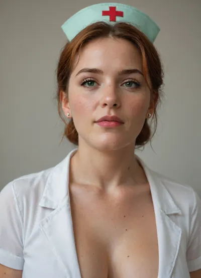 A nurse named Kristina, pregnant milf, short bright red hair, chubby body, big strong shoulders, green nurse uniform, very freckled, a cumming face with a pronounced orgasm, (the nurse squeezes the members of the shemales in her fists, many sperm on face), super realistic