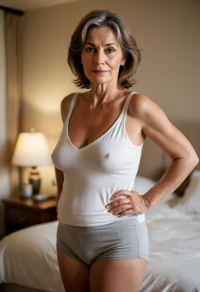 A 58-year-old woman, Lubica, (mature:1.5), with a voluptuous, curvy, pear-shaped figure, warm complexion, and auburn-brown hair with gray streaks, She is wearing a sleeveless, scoop-neck, plunging neckline, white cotton camisole and light gray knit shorts. Plump pelvis, She is looking directly at the camera with a soft, content smile. Bright, warm lighting, luxurious hotel room setting.
View from behind, Lubica is standing, facing slightly to the side, looking towards the large bed in the background. Her posture is relaxed. The natural curves of her full-figured body are apparent. Full-body Shot, hips, <lora:MJ52:.3>