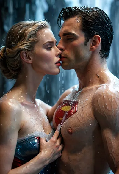 In the 1950s, Superman and Supergirl, completely naked, in each other's arms caressing sensually, kissing, first love, in the ice crystal cavern of the Fortress of Solitude, 1950s hairstyles, Superman has a large penis, full body view, Supergirl has a hairy pussy and large breasts, hyperrealism, sharp, ultra detailed, sharp focus, best quality, sweating, masterpiece, intricate details, hyperrealistic, natural skin texture, large ice bath, water, perfect hands, wet hair, sweaty, <lora:xpenis-1.5e:.5>, <lora:MJ52:2>, <lora:add-detail-xl:2>