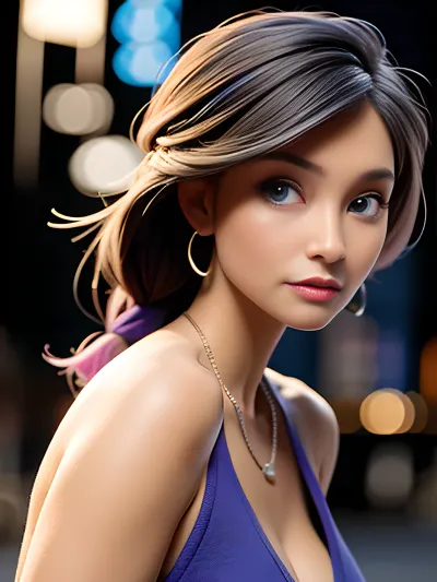 Beth, a cyberpunk girl with a digital studio soft light background, stood in a cyberpunk city at night time. She had beautiful features and a body that was perfect for porn. Her hair was smooth and she had sharp focus