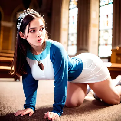 instamodel french christian young adult girl, blue eyes, braids, nerdy, (wearing), her, (((first communion dress))), ((skinny)), HD, smiling lips, necklace, showing off her dress. Perfect massive tits, really tight top, sexy pose, perfect body, no bra, busty, cute tall young adult girl, cute tall tall, transparent top, perfect realistic nipples, daddy's young adult girl, (kneeling in realistic Church on her knees), (hands are caressing her boobs from below, her boobs pushing them up)