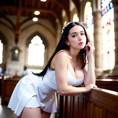 instamodel french christian young adult girl, blue eyes, braids, nerdy, (wearing), her, (((first communion dress))), ((skinny)), HD, smiling lips, necklace, showing off her topless dress. Perfect enormous tits, tight top, sexy pose, perfect body, braless, busty, cute tall young adult girl, cute tallness face, perfect realistic nipples, daddy's young adult girl, thin fabric top, (bending over behind the bench in Church, her tits hanging over the back of the bench), legs spread, (her tits falling out of the top)