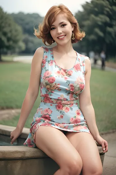Die Frau im Bild trägt ein schönes rotes Kleid mit einem Blumendruck, steht im Moskauer Park und lächelt für die Kamera. Sie sieht aus, als wäre sie aus dieser Zeit, mit einem schönen Park und Straße voller Menschen