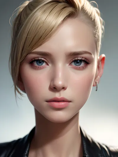 Una mujer se sentó frente a su computadora, creando un retrato fotorrealista. Usaba colores mudos y luz suave para crear una textura de piel de aspecto natural, y la contrastaba con líneas y texturas afiladas para hacer que su cara se viera más