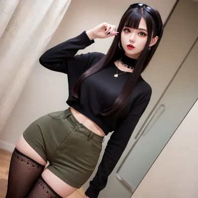 The young American girl with long black hair, green eyes, and a seductive pose was wearing a choker necklace made of black metal with diamond studs. She had on a black jeans hot pants that hugged her curves perfectly. Her cotton long