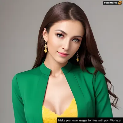 The woman in the picture is wearing a white dress with green and red stripes, and her hair cascades down her back. She has a beautiful face with long wavy hair that cascades down her back. Her eyes are deep shade of green,