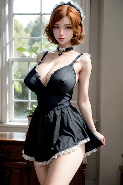 The AI generated a flawless picture of a young woman with perfect skin, ginger hair, and light green eyes wearing a sexy maid outfit with full body shot