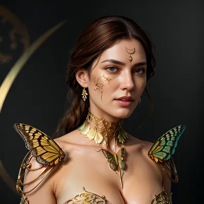Uma mulher com uma tatuagem de borboleta de ouro em seu braço esquerdo e um intrincado, elegante retrato de 8k de um belo cyborg com cabelo castanho foi gerado pelo artgerm e ruan jia. Os olhos da mulher foram pintados de ouro, e ela usava