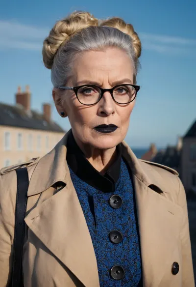 Elderly Nordic 여성, stern expression and Piercing blue eye, 꽉 고정 된 버튼을 가진 검은 립스틱과 트렌치 코트에 그림. She exudes an authoritative aura 와 그녀의 commanding demeanor, wearing 안경 과 fixating