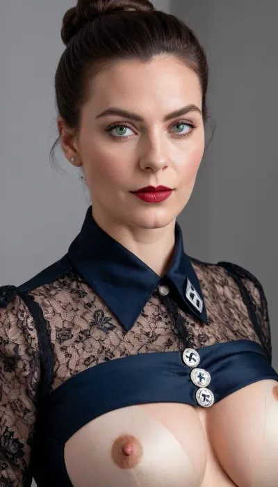 La donna nordica nel ritratto indossa un bicchiere rosso e ha uno sguardo affilato. Ha un reggiseno nero in pizzo satinato, che copre completamente il seno. La sua pelle è liscia e perfetta, senza rughe o macchie