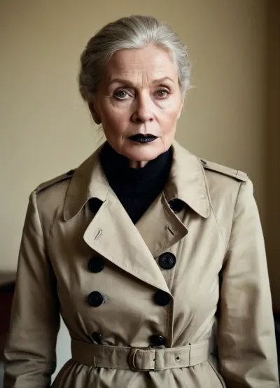 年长的北欧妇女,55岁,她举出一个权威的维多利亚气息,因为她把一张她已故丈夫的照片和一张黑色的小钱包放在一边。 她的短篇小说是关于那个女人寻找她长长的旅程